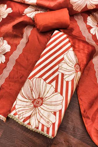 Rust silk cotton digital print unstitched dress material