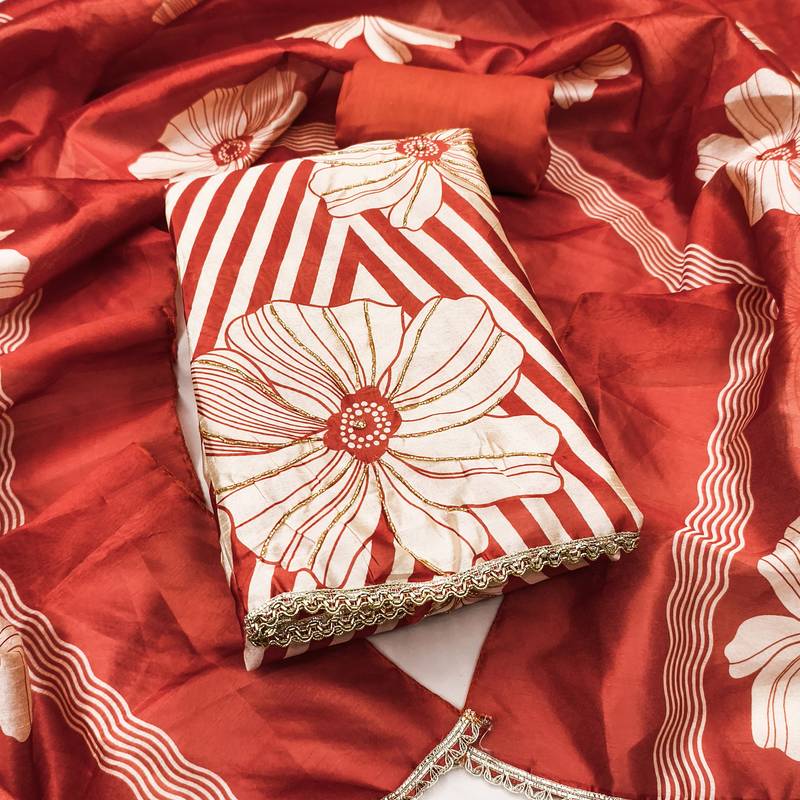 Rust silk cotton digital print unstitched dress material