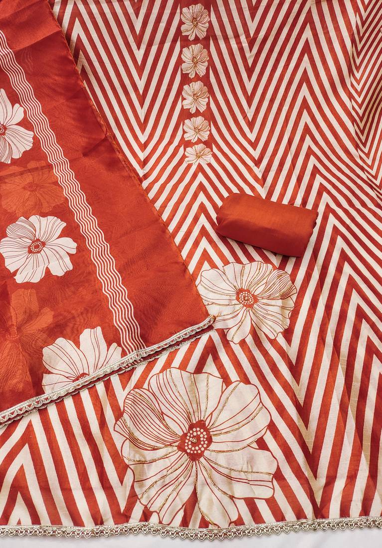 Rust silk cotton digital print unstitched dress material