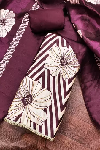 Wine silk cotton digital print unstitched dress material