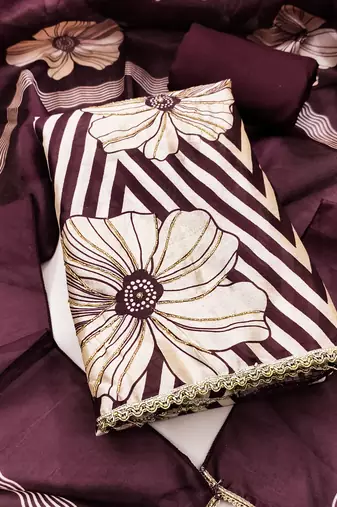 Wine silk cotton digital print unstitched dress material