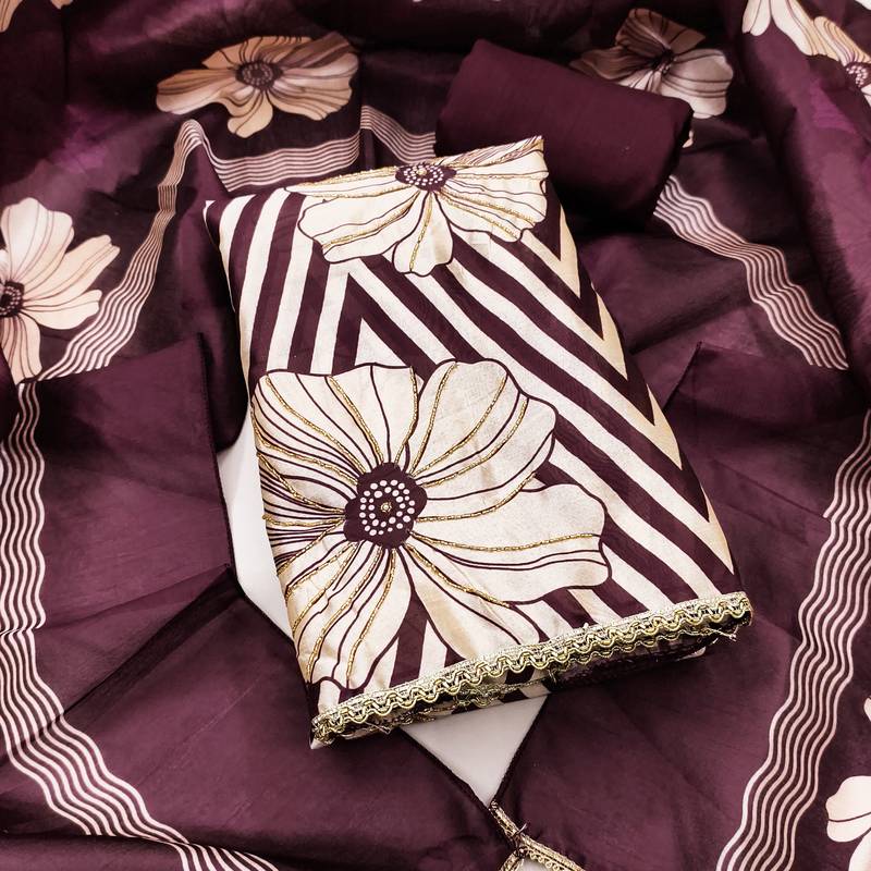 Wine silk cotton digital print unstitched dress material