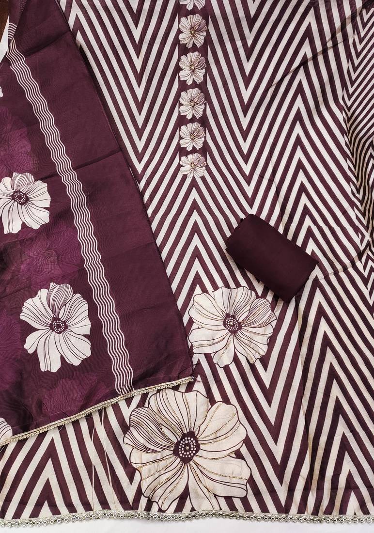 Wine silk cotton digital print unstitched dress material