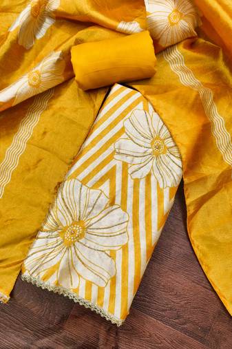 Yellow silk cotton digital print unstitched dress material
