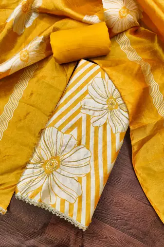 Yellow silk cotton digital print unstitched dress material