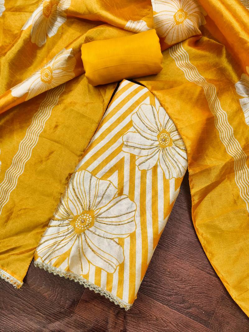 Yellow silk cotton digital print unstitched dress material