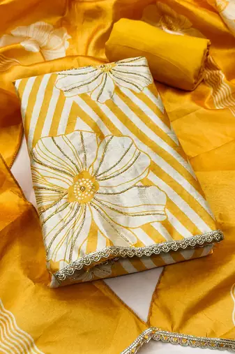 Yellow silk cotton digital print unstitched dress material