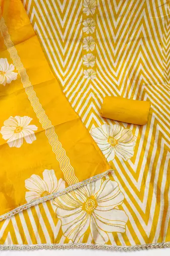 Yellow silk cotton digital print unstitched dress material