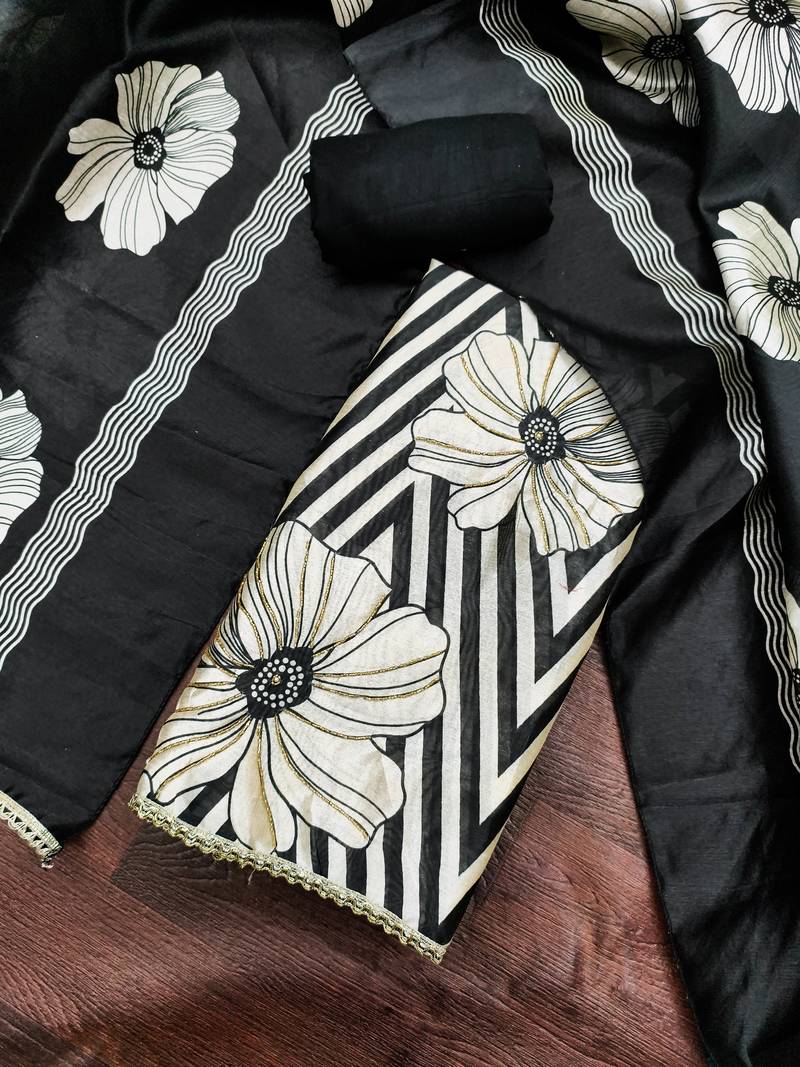 Black silk cotton digital print unstitched dress material