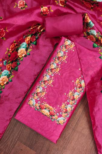 Magenta silk cotton digital print unstitched dress material