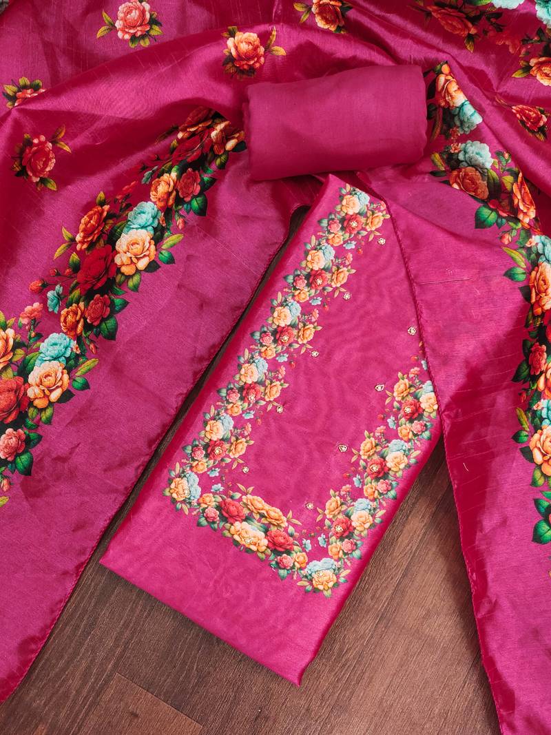 Magenta silk cotton digital print unstitched dress material