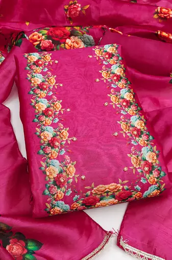 Magenta silk cotton digital print unstitched dress material