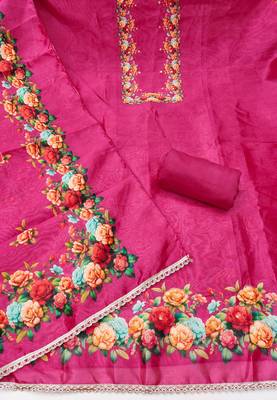 Magenta silk cotton digital print unstitched dress material 3