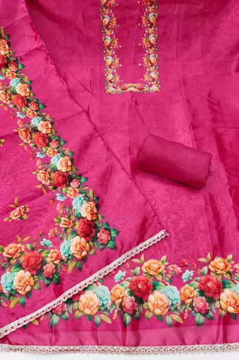 Magenta silk cotton digital print unstitched dress material