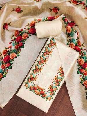Cream silk cotton digital print unstitched dress material 1