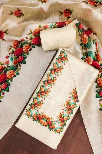 Cream silk cotton digital print unstitched dress material