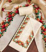 Cream silk cotton digital print unstitched dress material
