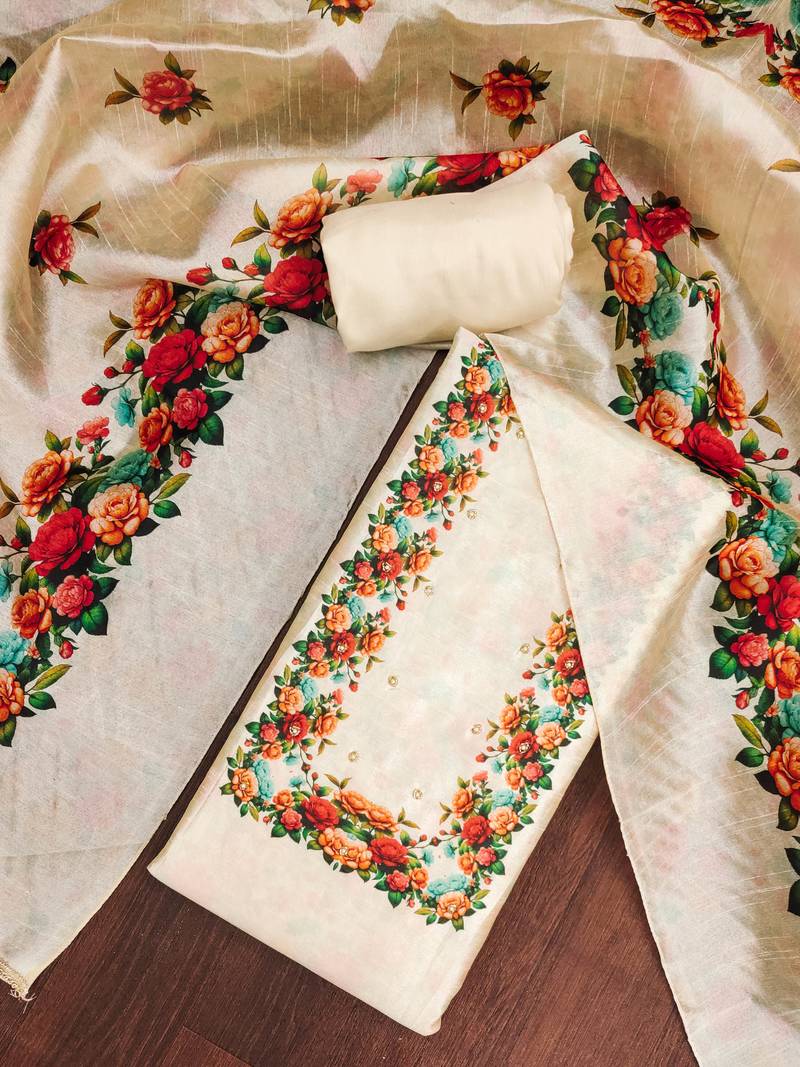 Cream silk cotton digital print unstitched dress material
