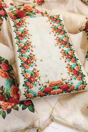 Cream silk cotton digital print unstitched dress material