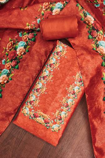 Rust silk cotton digital print unstitched dress material