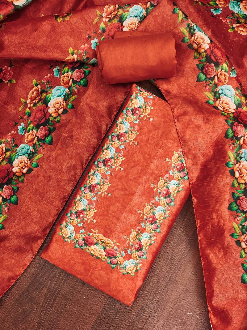 Rust silk cotton digital print unstitched dress material
