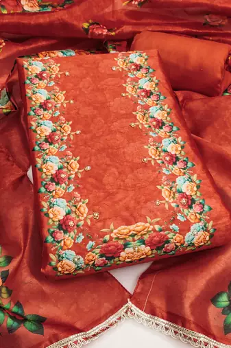 Rust silk cotton digital print unstitched dress material