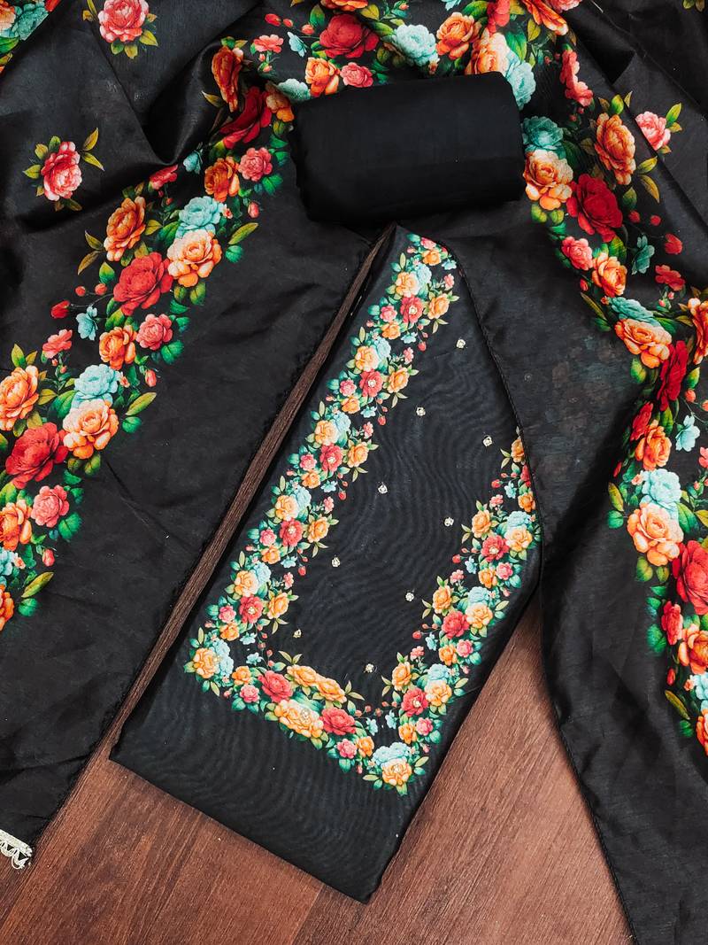 Black silk cotton digital print unstitched dress material