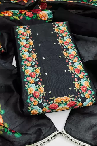 Black silk cotton digital print unstitched dress material