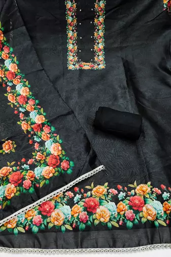 Black silk cotton digital print unstitched dress material