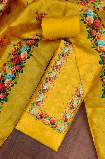 Yellow silk cotton digital print unstitched dress material