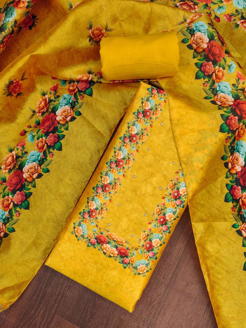 Yellow silk cotton digital print unstitched dress material