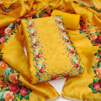 Yellow silk cotton digital print unstitched dress material 2