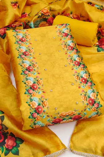 Yellow silk cotton digital print unstitched dress material