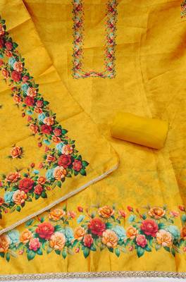 Yellow silk cotton digital print unstitched dress material 3