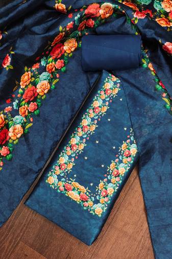 Navy blue silk cotton digital print unstitched dress material