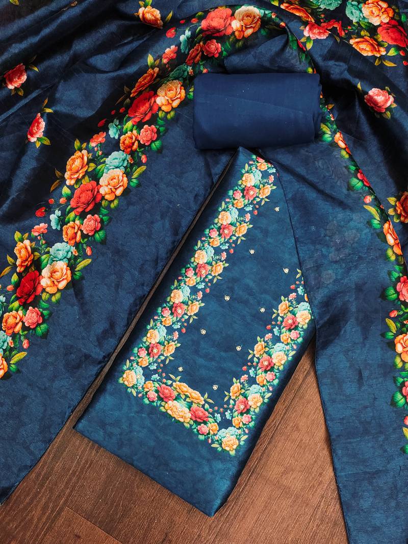 Navy blue silk cotton digital print unstitched dress material
