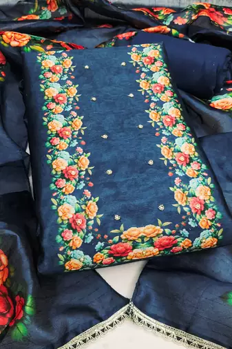 Navy blue silk cotton digital print unstitched dress material