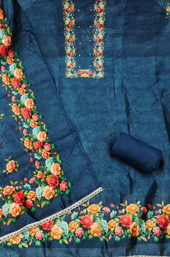 Navy blue silk cotton digital print unstitched dress material