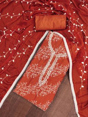 Rust cotton embroidered unstitched dress material 1