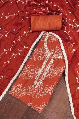 Rust cotton embroidered unstitched dress material