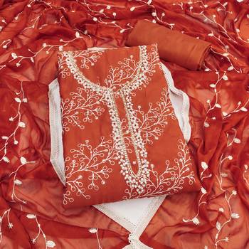 Rust cotton embroidered unstitched dress material 2