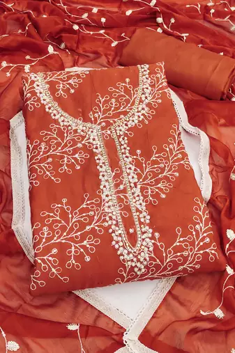 Rust cotton embroidered unstitched dress material