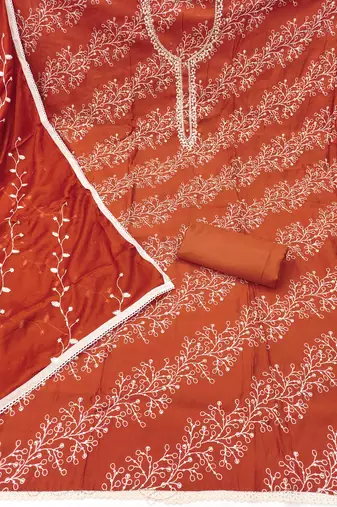 Rust cotton embroidered unstitched dress material