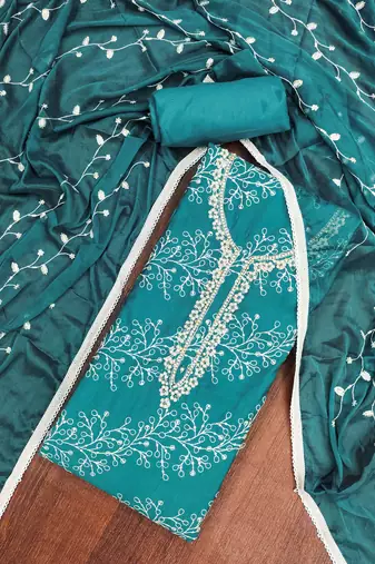 Teal cotton embroidered unstitched dress material