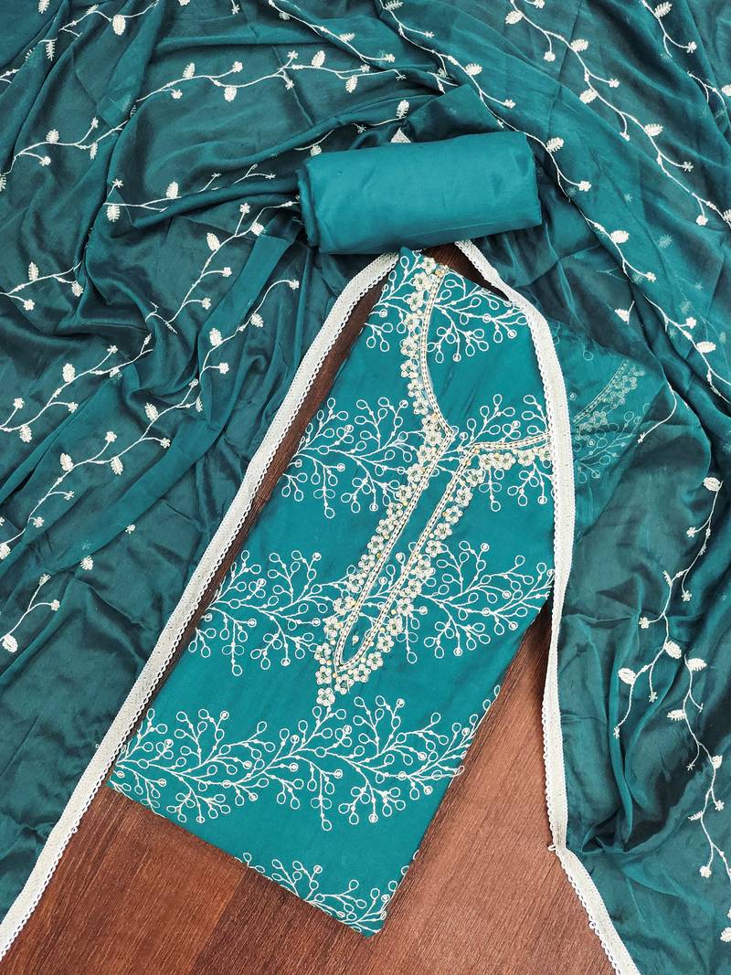 Teal cotton embroidered unstitched dress material