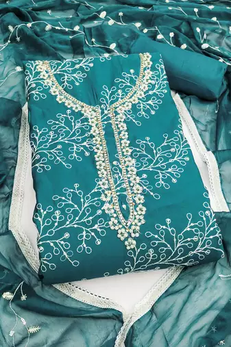 Teal cotton embroidered unstitched dress material