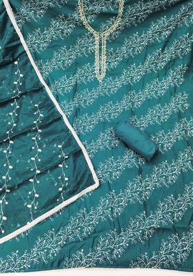 Teal cotton embroidered unstitched dress material 3