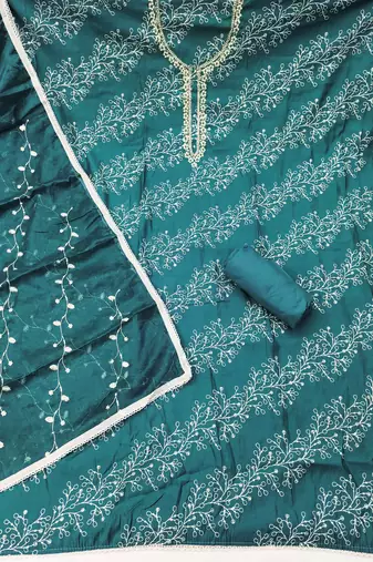 Teal cotton embroidered unstitched dress material