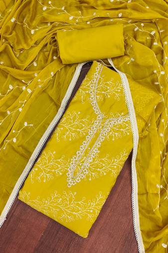 Lemon yellow cotton embroidered unstitched dress material