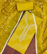 Lemon yellow cotton embroidered unstitched dress material